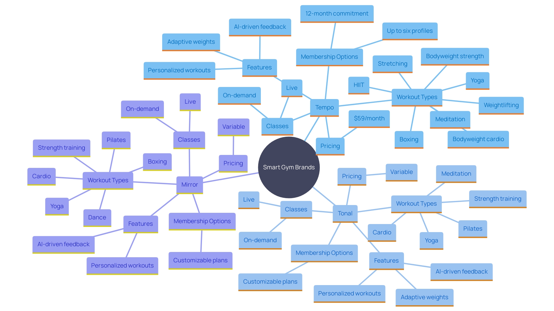 This mind map illustrates the relationships between various smart gym technologies and their features, showcasing how they enhance personal fitness routines.