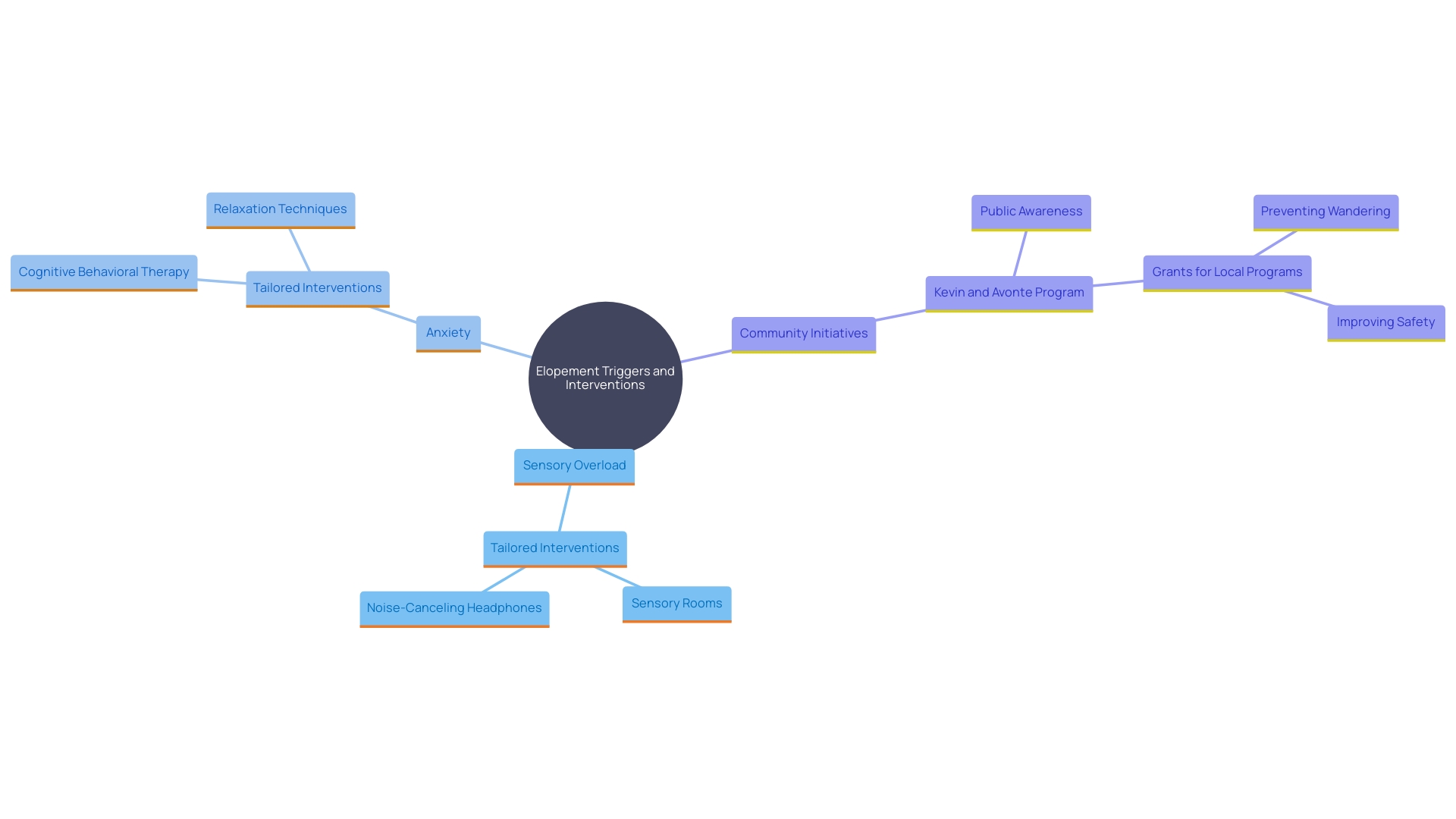 This mind map illustrates the various factors contributing to elopement in individuals with autism and ADHD, along with the strategies for prevention and community initiatives.