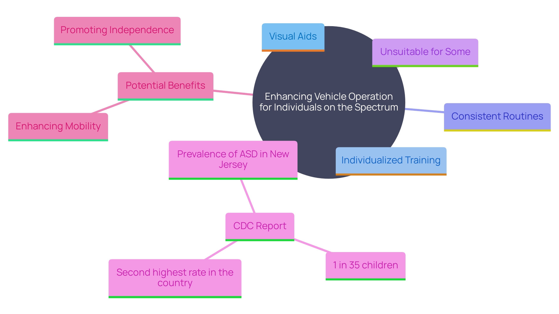 This mind map illustrates the various strategies and considerations for improving vehicle operation experiences for individuals on the autism spectrum.