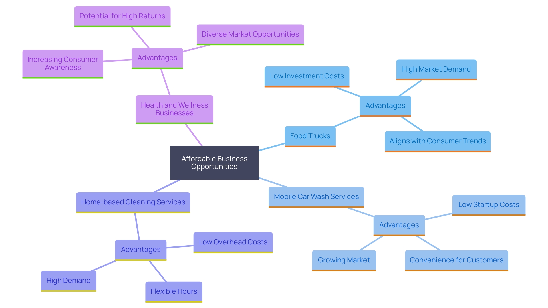 This mind map illustrates various affordable business opportunities anticipated for 2024, highlighting their unique characteristics and market appeal.