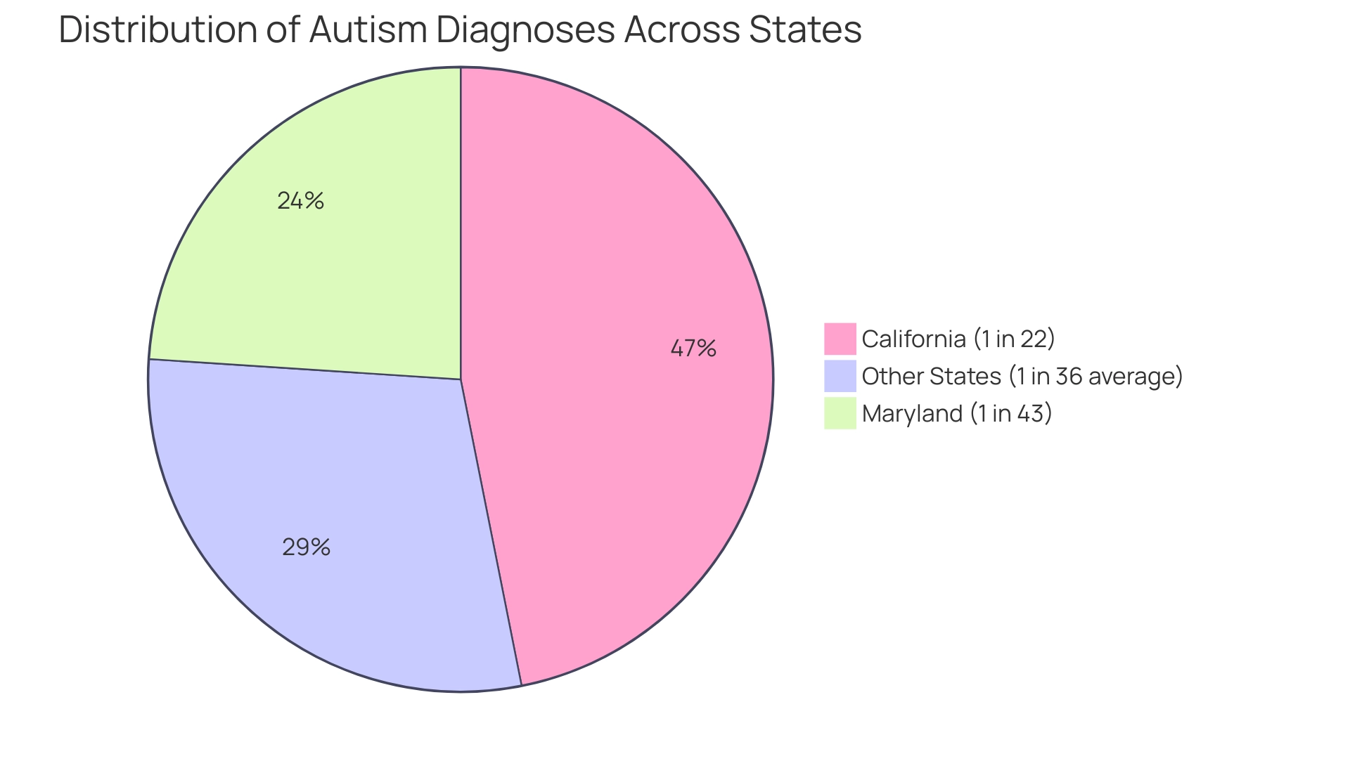 Each segment represents a state and its incidence rate of autism diagnoses, reflecting the proportion of youths recognized with ASD.