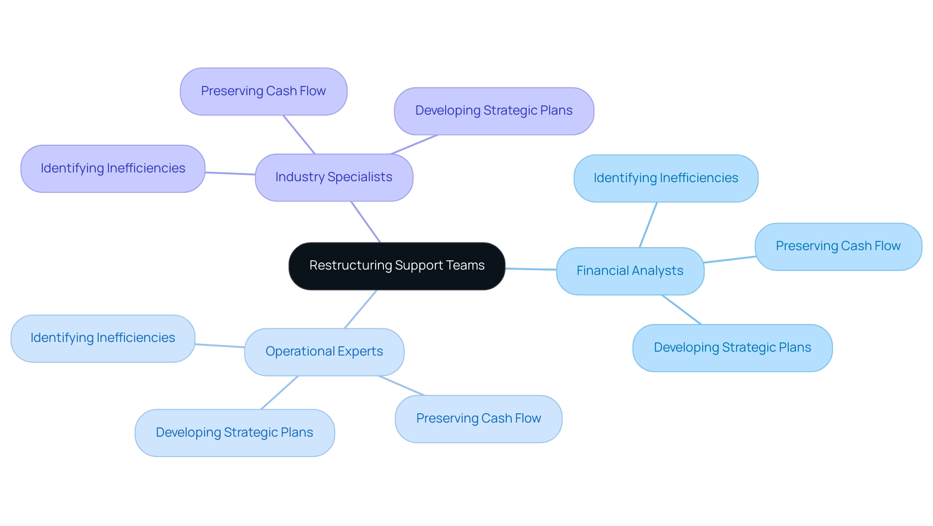 The central node represents the restructuring support teams, with branches indicating team composition and objectives.