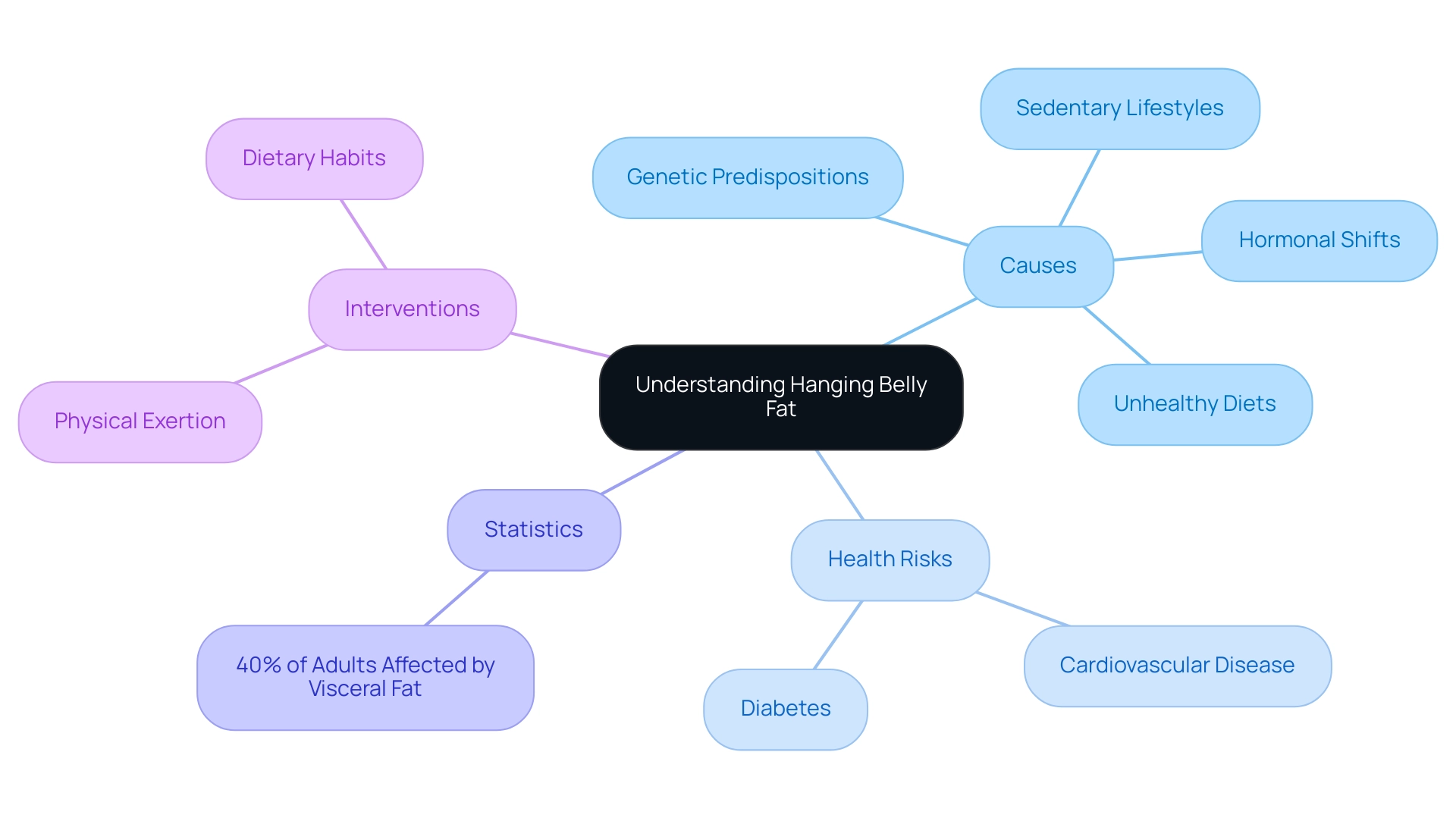 The central node represents hanging belly fat, with branches showing its causes, health risks, statistics, and interventions, each color-coded for clarity.