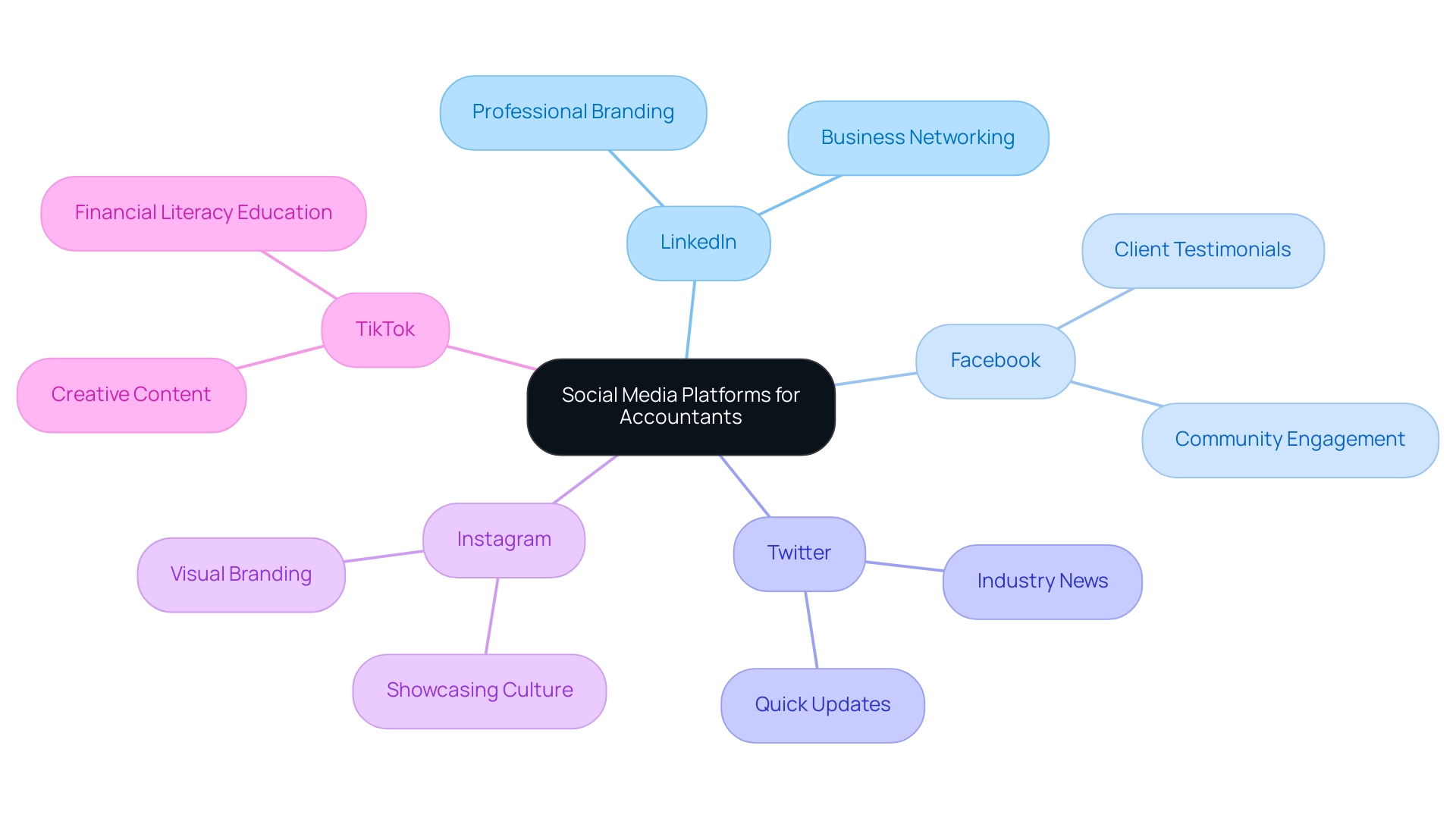 Each branch represents a social media platform, with sub-branches detailing its specific advantages and audience engagement strategies.