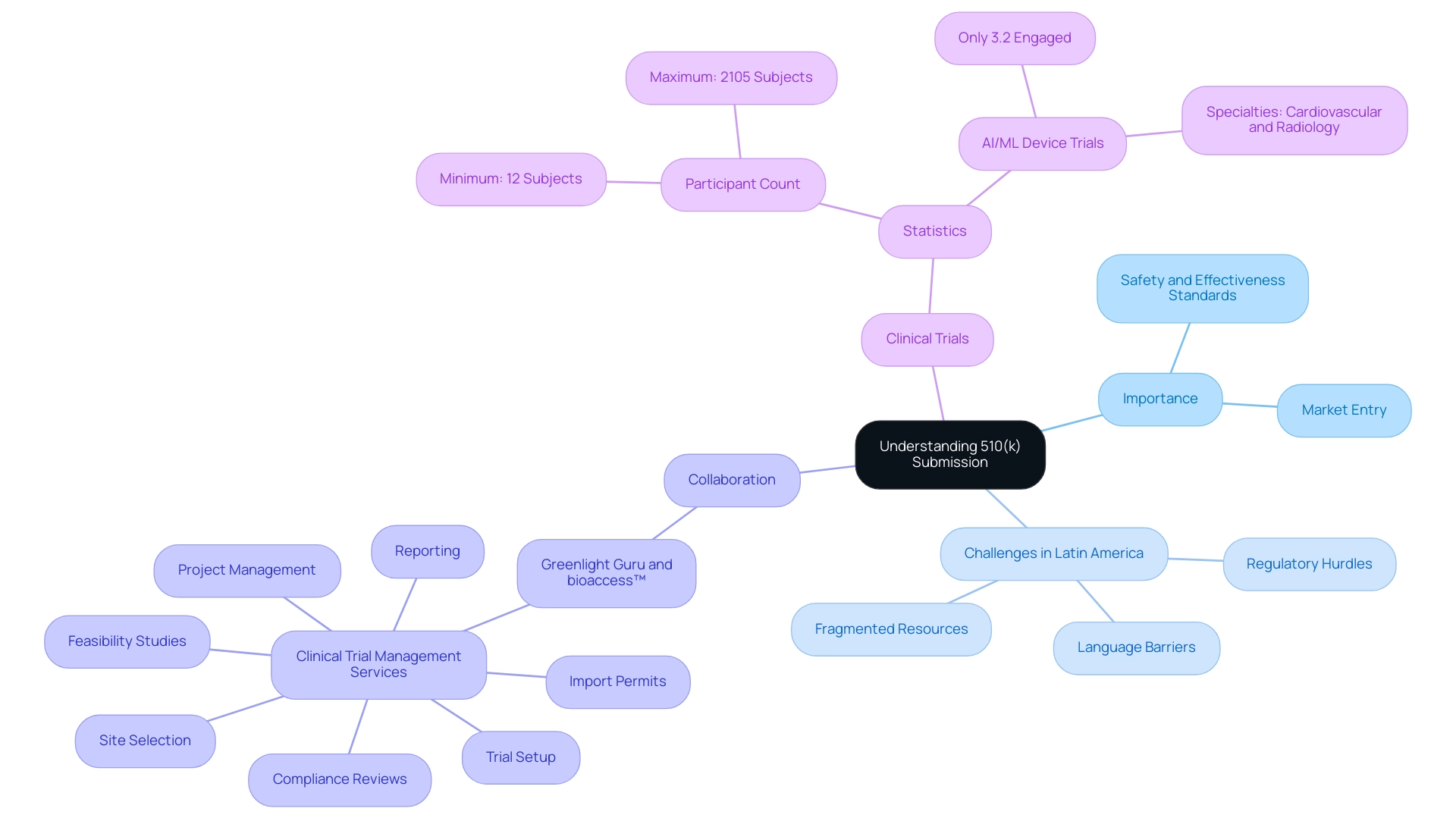 Central node represents the overall submission process; branches illustrate importance, challenges, collaboration efforts, and clinical trial statistics.