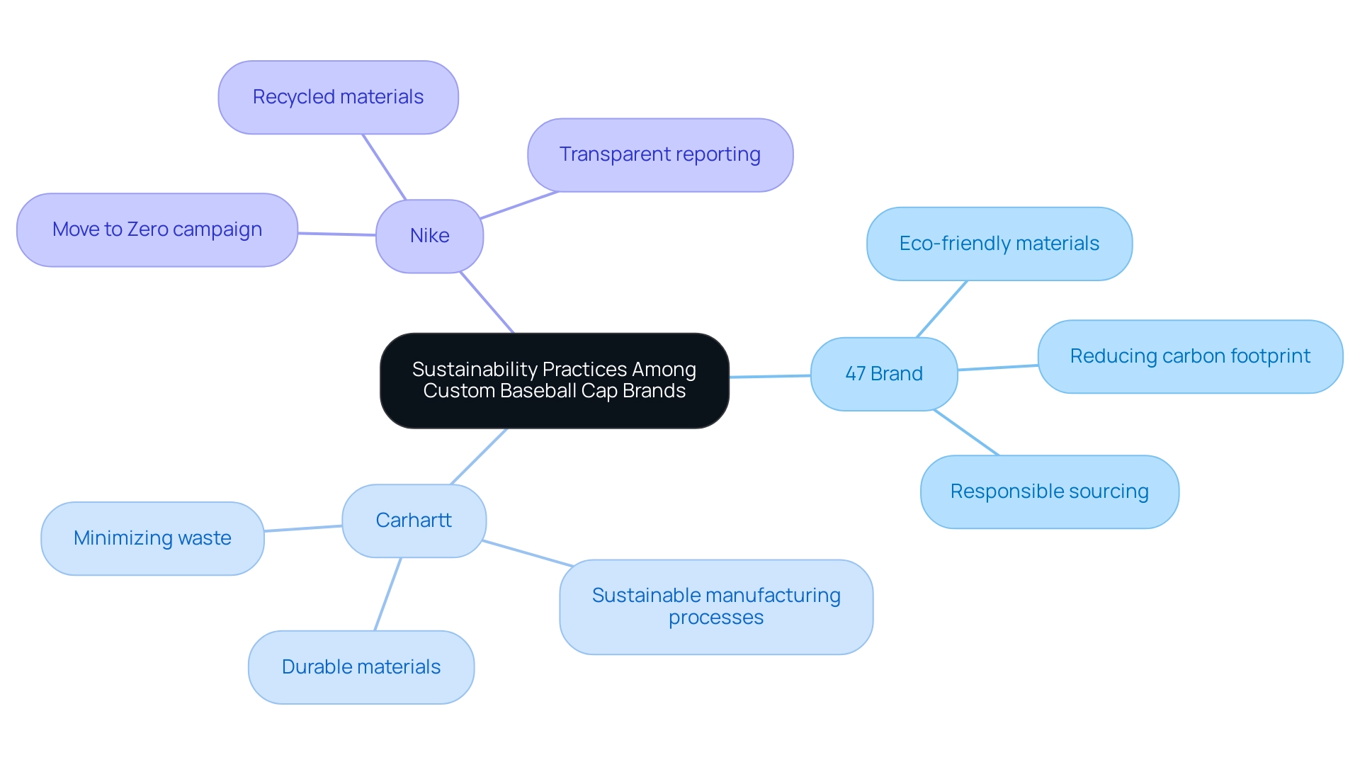 The central node represents sustainability, with branches showing various brands and their specific practices.