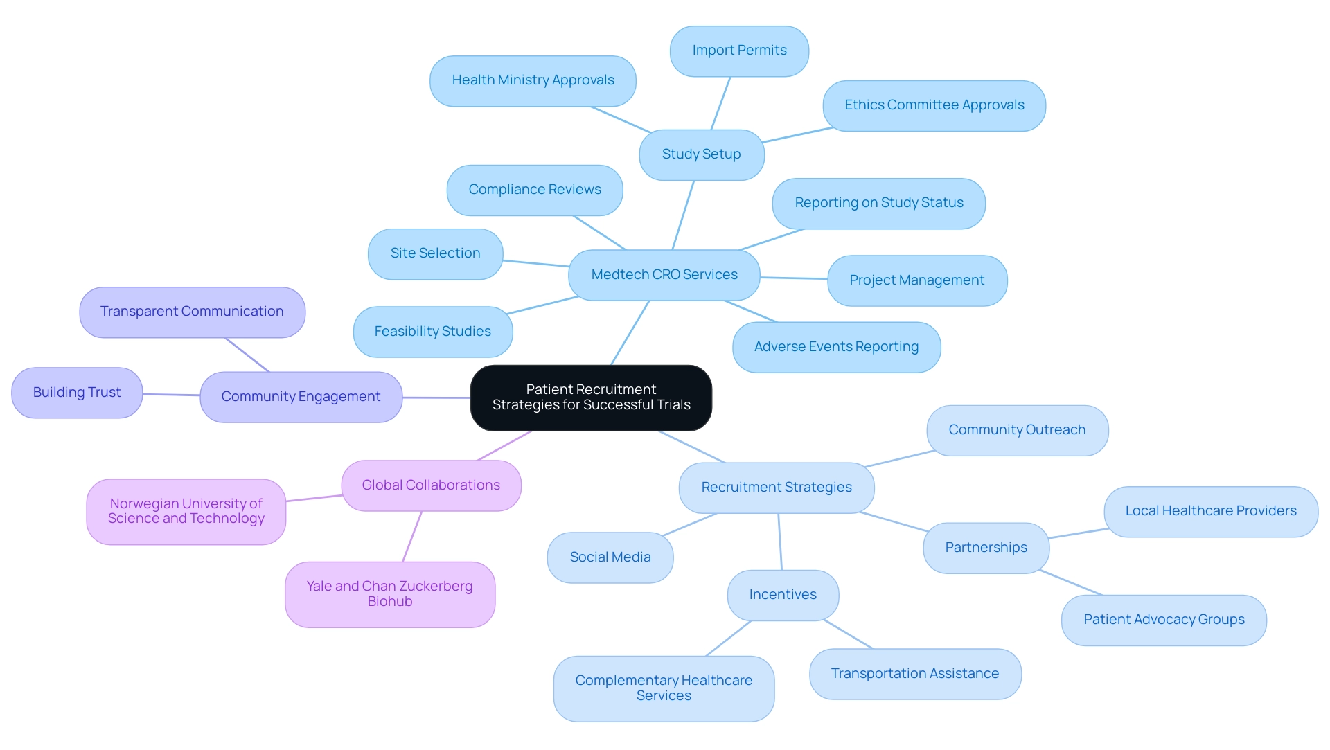 The central node represents the overall recruitment strategies. Main branches show different categories of strategies and services, with sub-branches providing specific details and approaches.