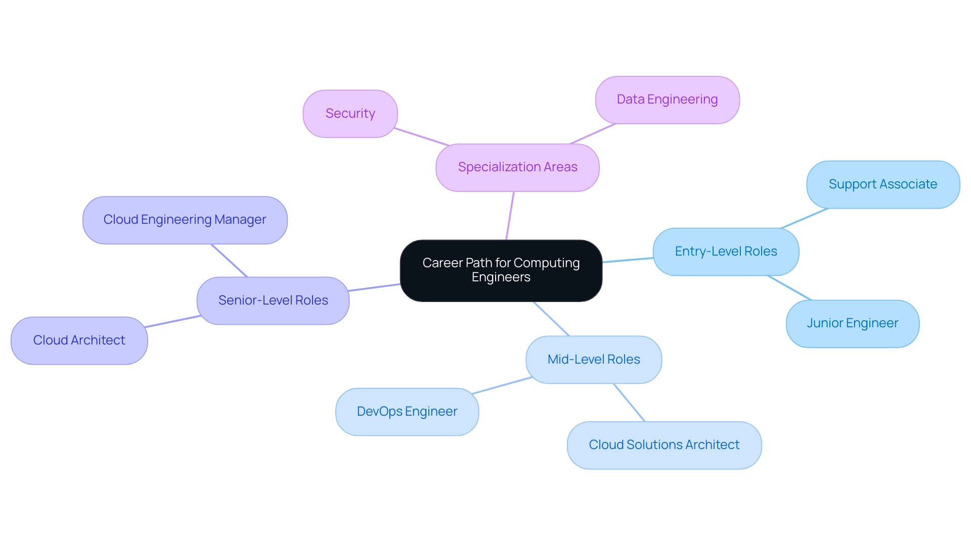 The central node represents the overall career path, with branches indicating levels of roles (entry, mid, senior) and their specific job titles.