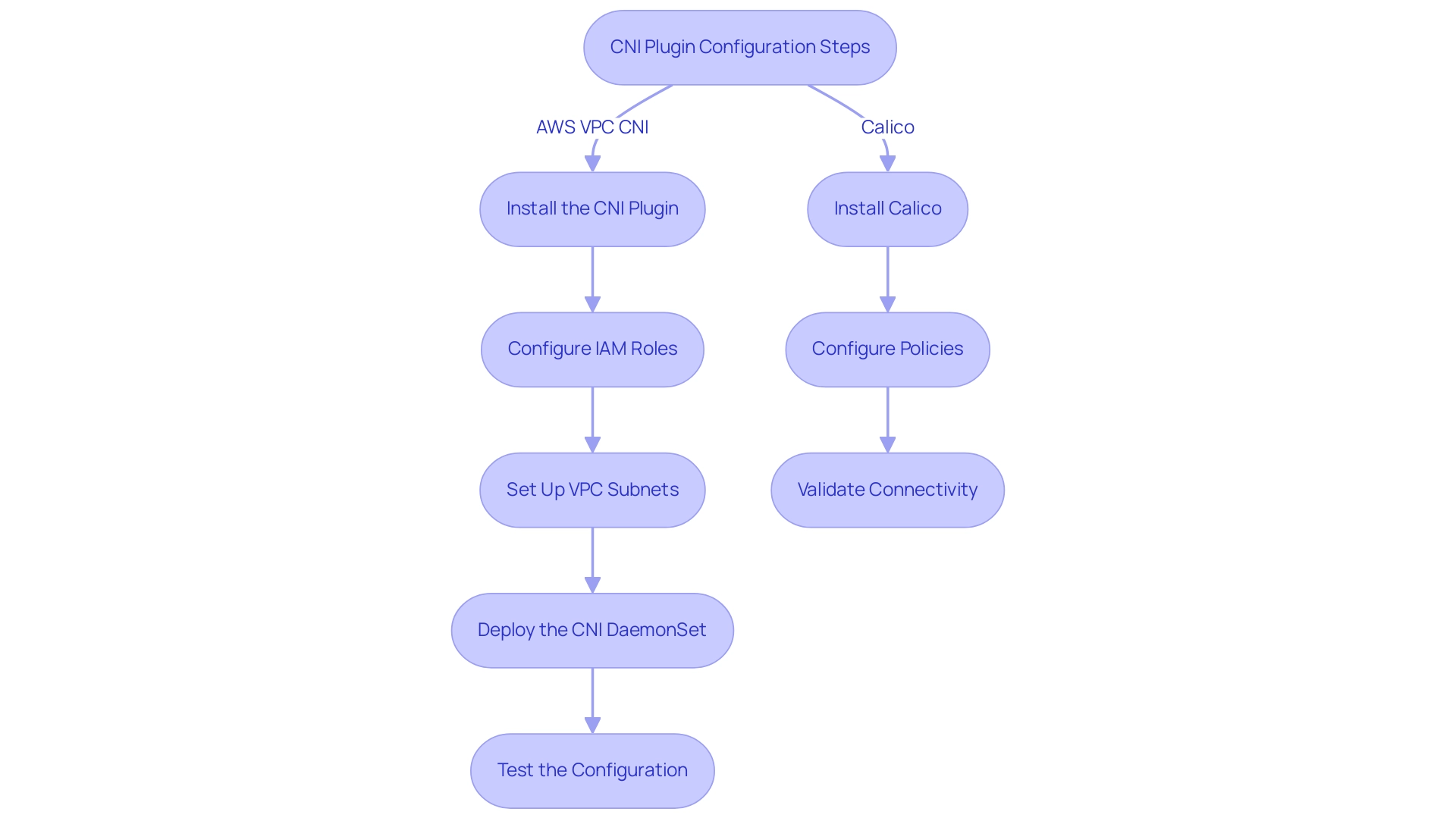 The blue section represents the AWS VPC CNI configuration steps, while the green section represents the Calico configuration steps.