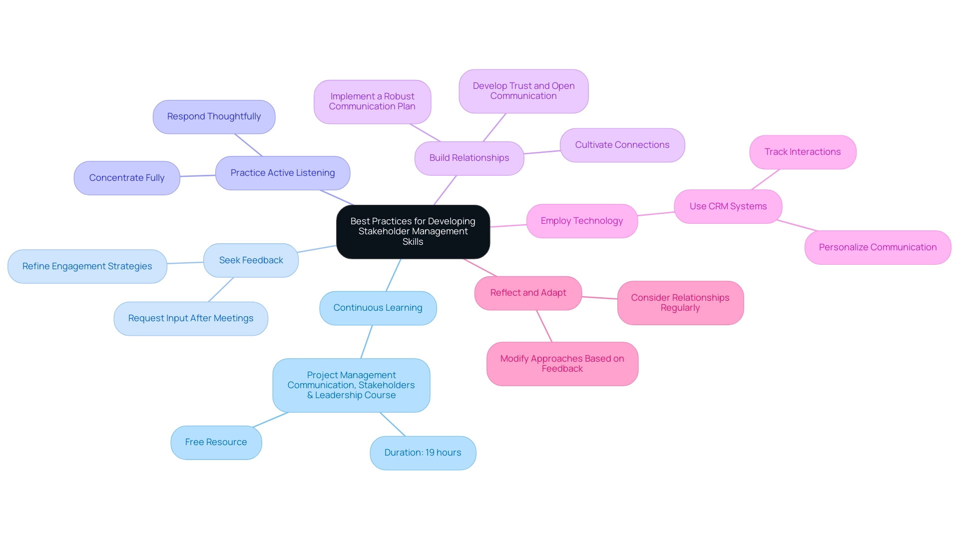 The central node represents the main topic, with branches showing individual best practices for stakeholder management.