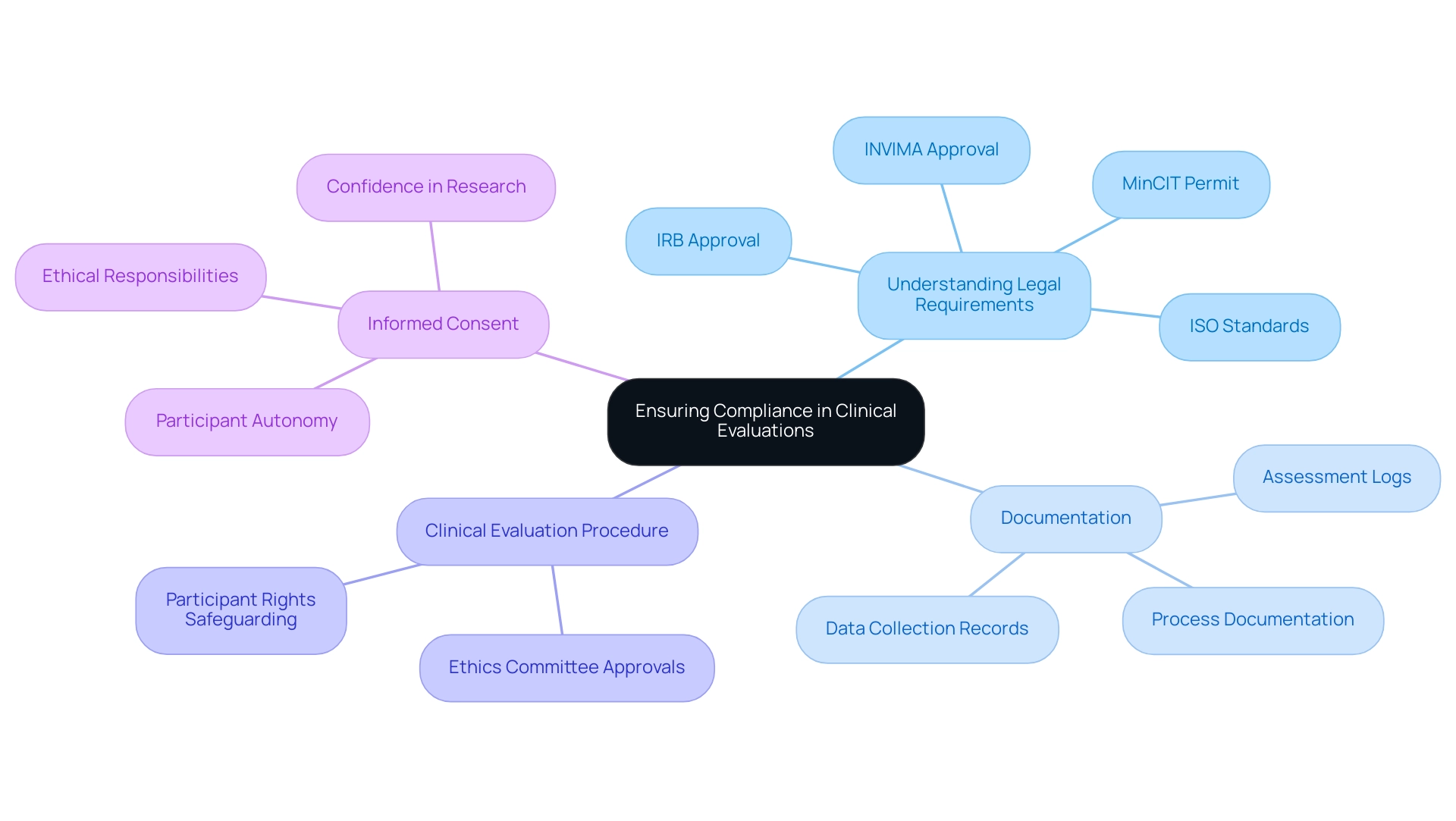 The central node represents the main topic, with branches showing key considerations and their specific components.