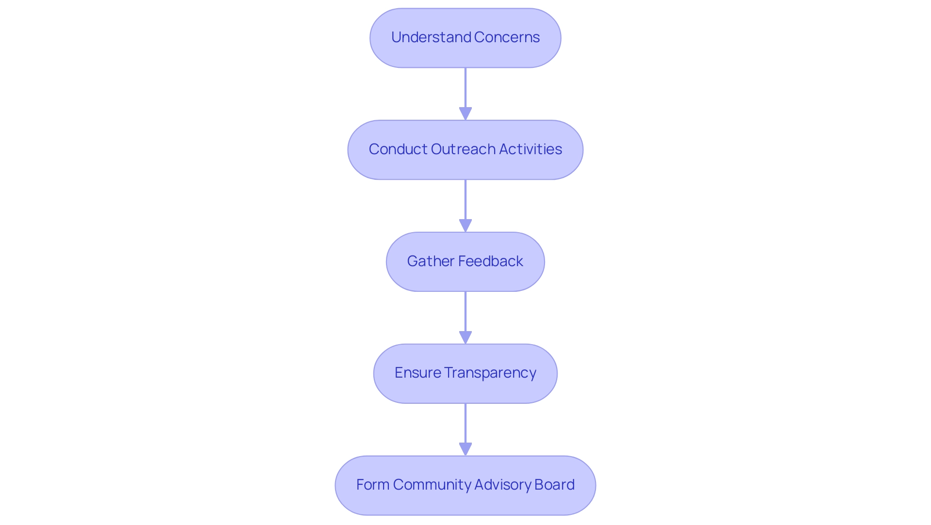 Each box represents a step in the community engagement process, with arrows showing the sequential flow from understanding concerns to forming an advisory board.