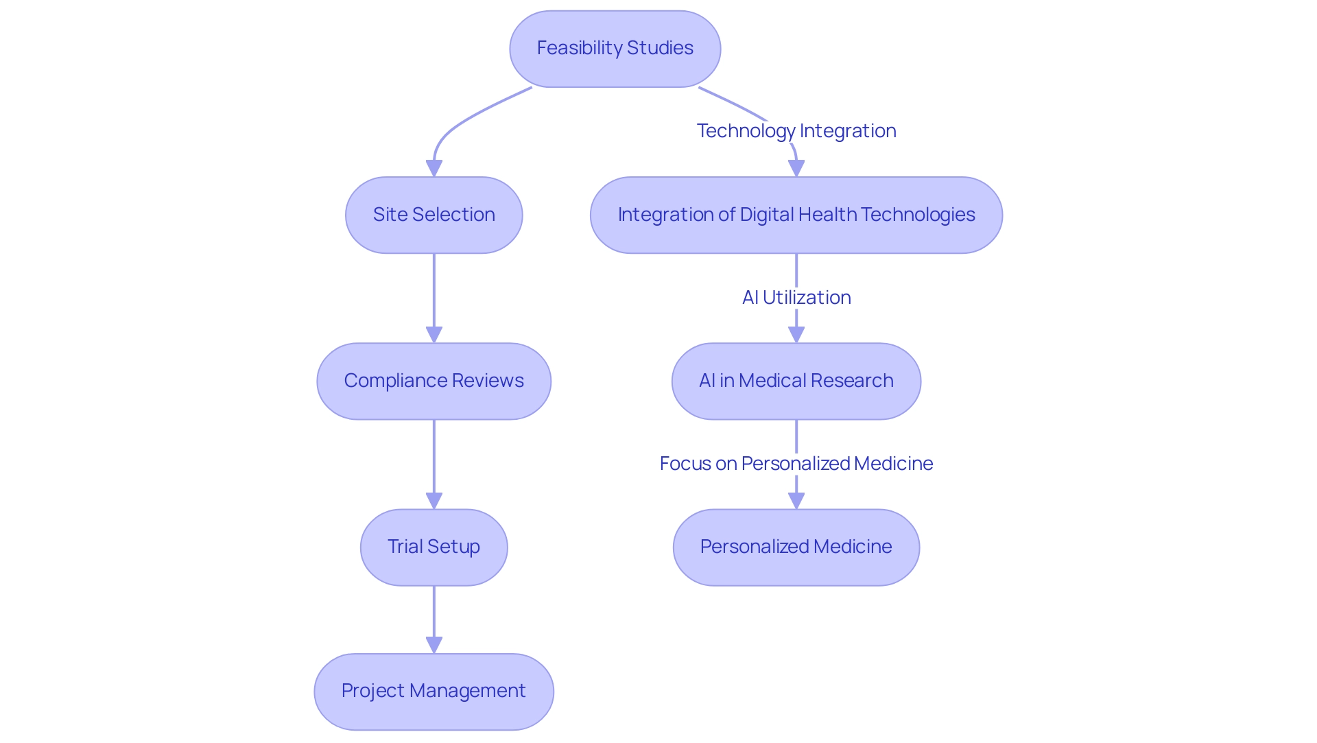 Each box represents a service in the clinical trial management process, with color coding indicating core services (blue), technology integration (green), and personalized medicine (orange).