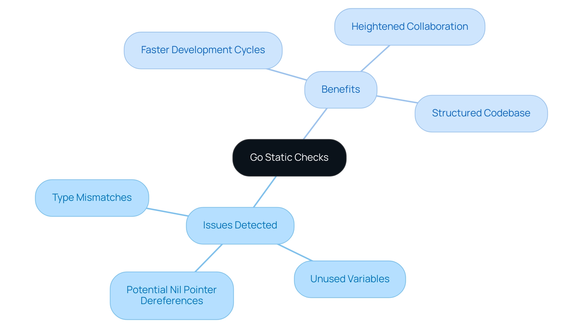 The central node represents Go static checks, with branches showing the issues detected and the benefits derived from their use.