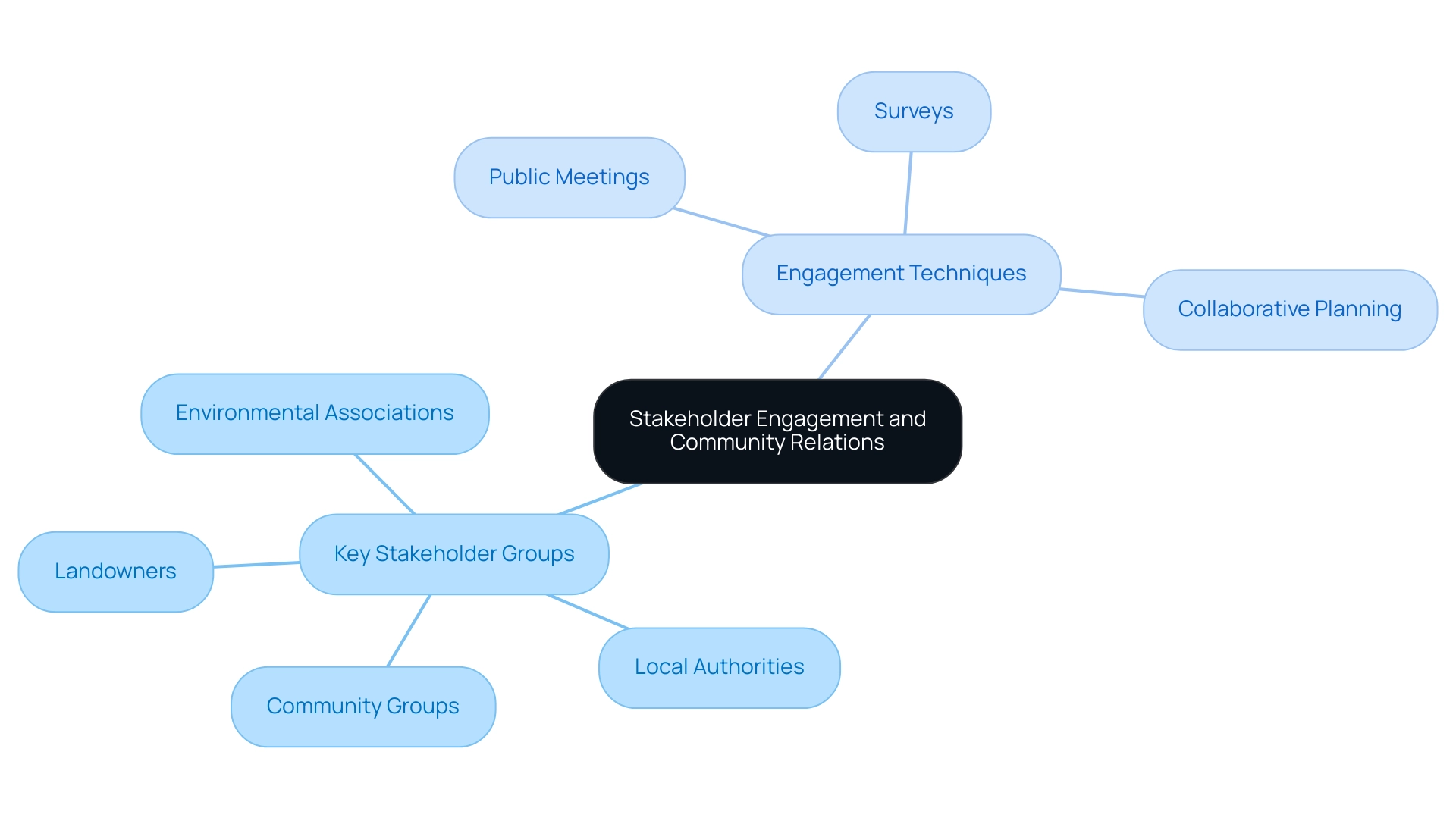 The central node represents stakeholder engagement, with branches showing the key groups and techniques for effective communication.