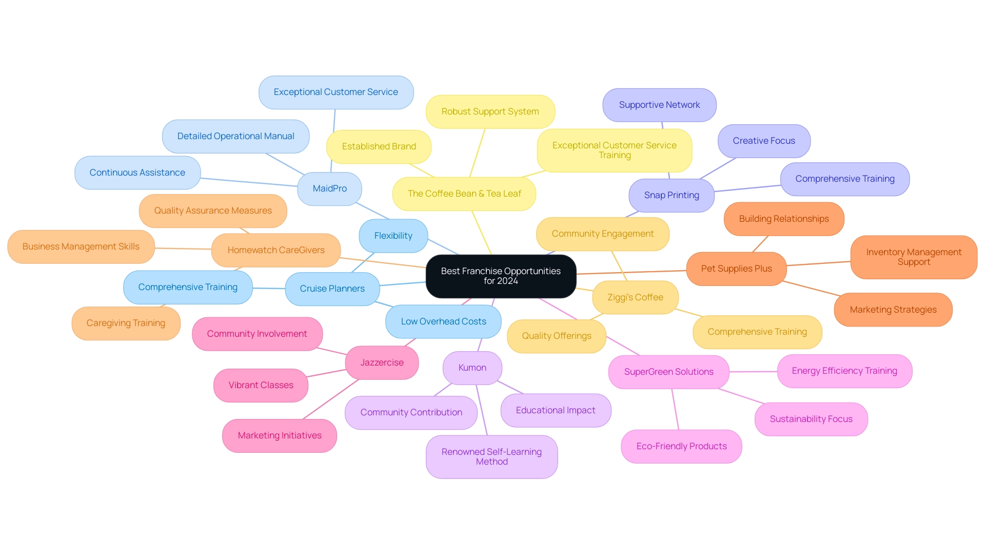 Each branch represents a different franchise, with sub-branches detailing specific benefits and features relevant to each opportunity.