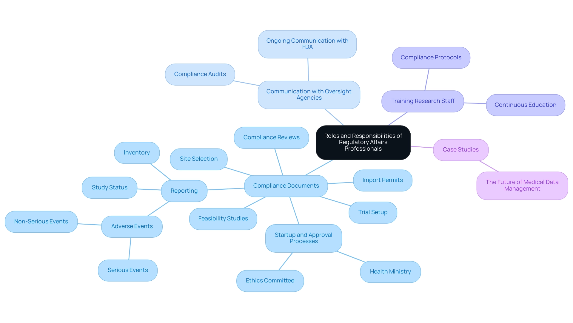 Branches represent key areas of responsibility, with sub-branches detailing specific tasks and duties associated with each area.