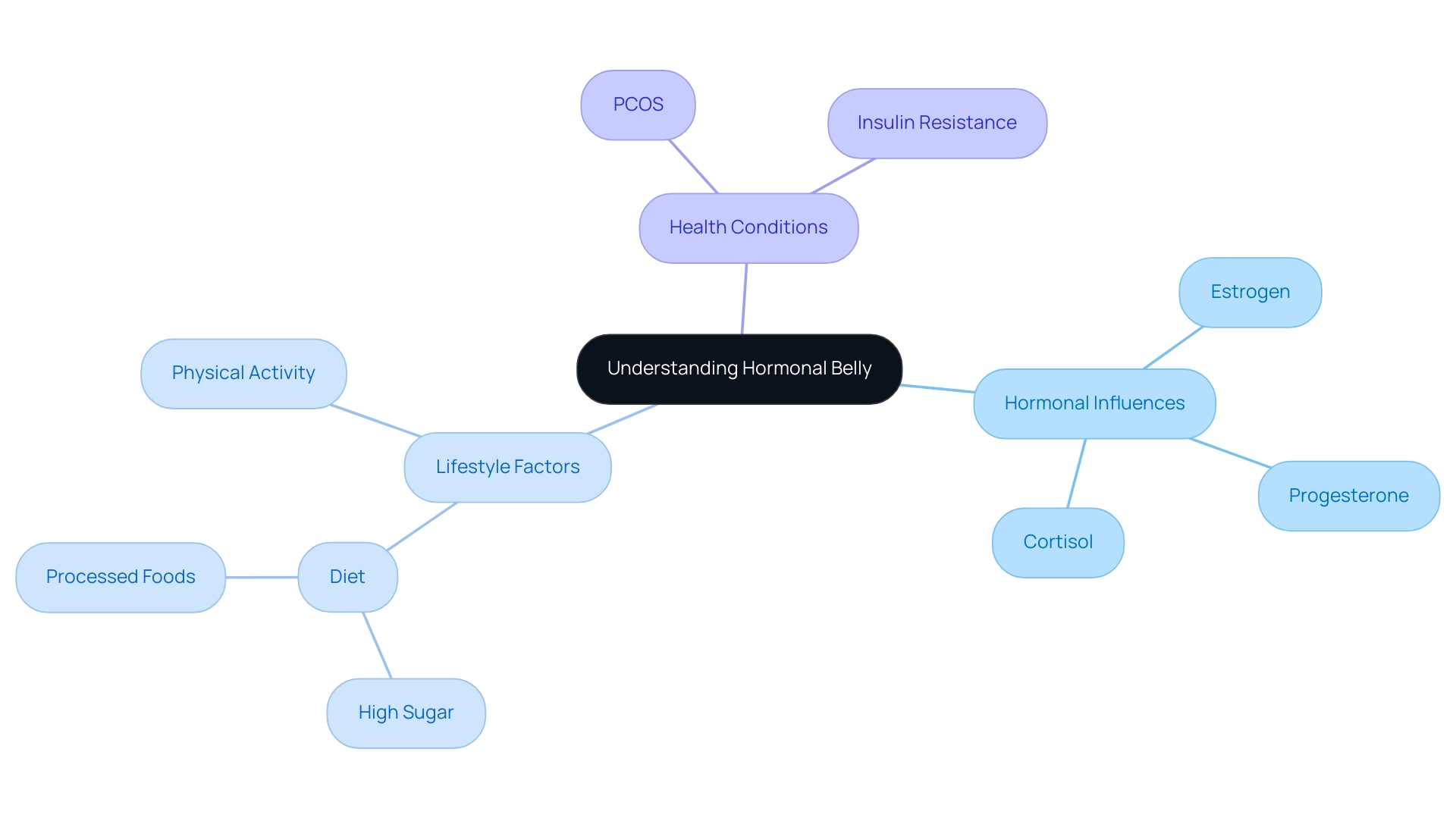 Central node represents 'Hormonal Belly,' with branches for hormonal influences, lifestyle factors, and health conditions. Each color represents a different category.