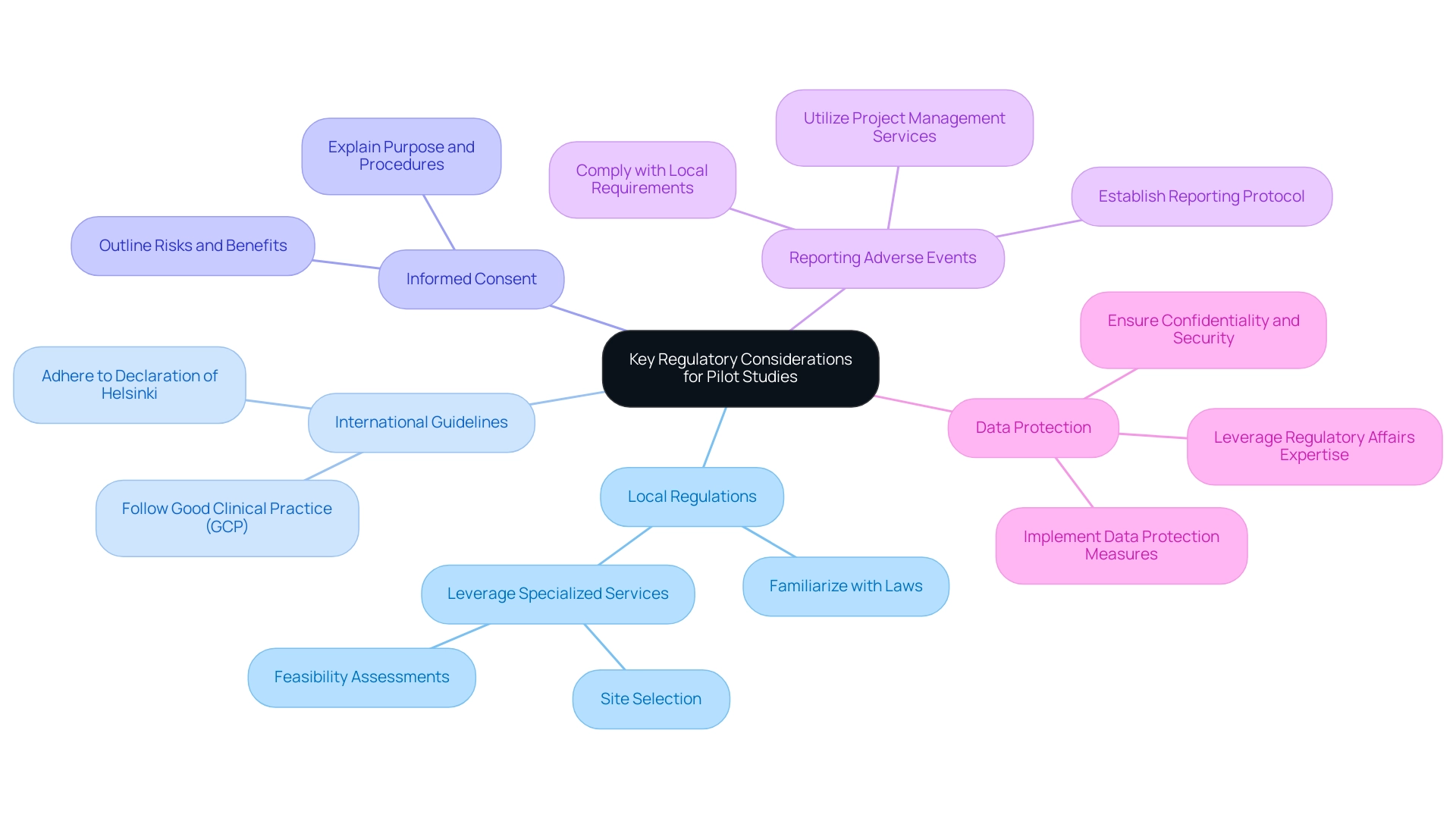 Each branch represents a regulatory consideration, with sub-branches providing additional details and actions relevant to each category.