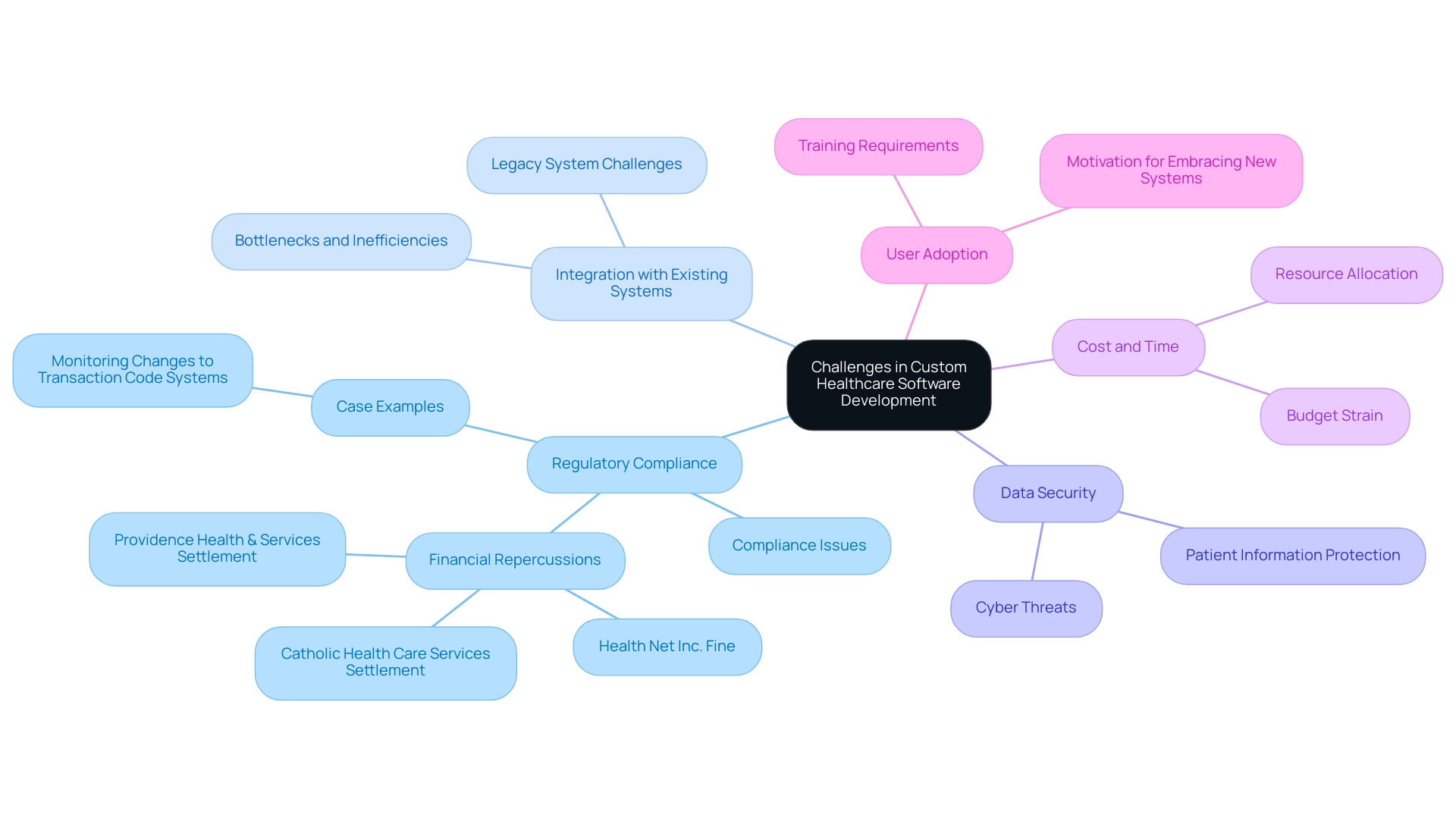 Each branch represents a key challenge in healthcare software development, with sub-branches providing further details and examples.