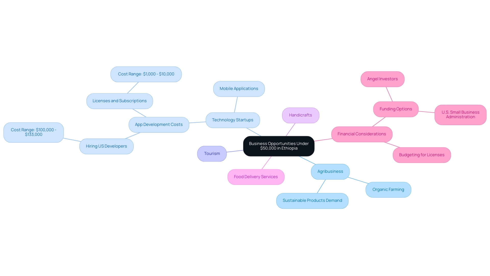 Each branch color represents a different business sector, with sub-branches detailing specific opportunities, challenges, and financial factors.