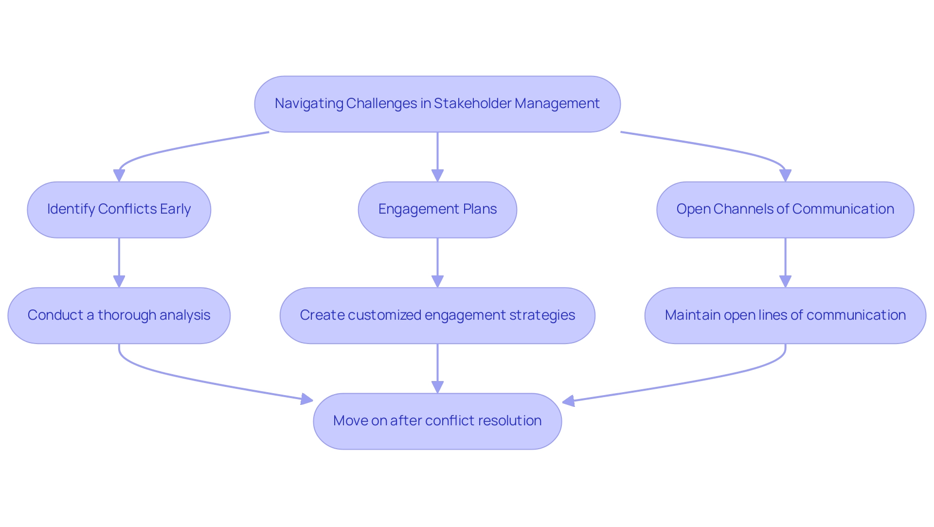 Each box represents a strategy or action in stakeholder management, with arrows indicating the flow of steps to navigate challenges.