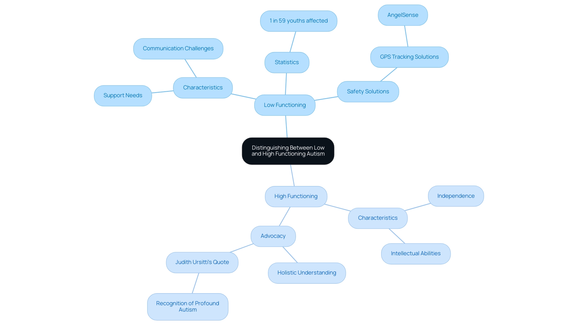 The central node represents the overall topic, with branches showing low and high functioning autism characteristics, related statistics, safety solutions, and advocacy efforts.