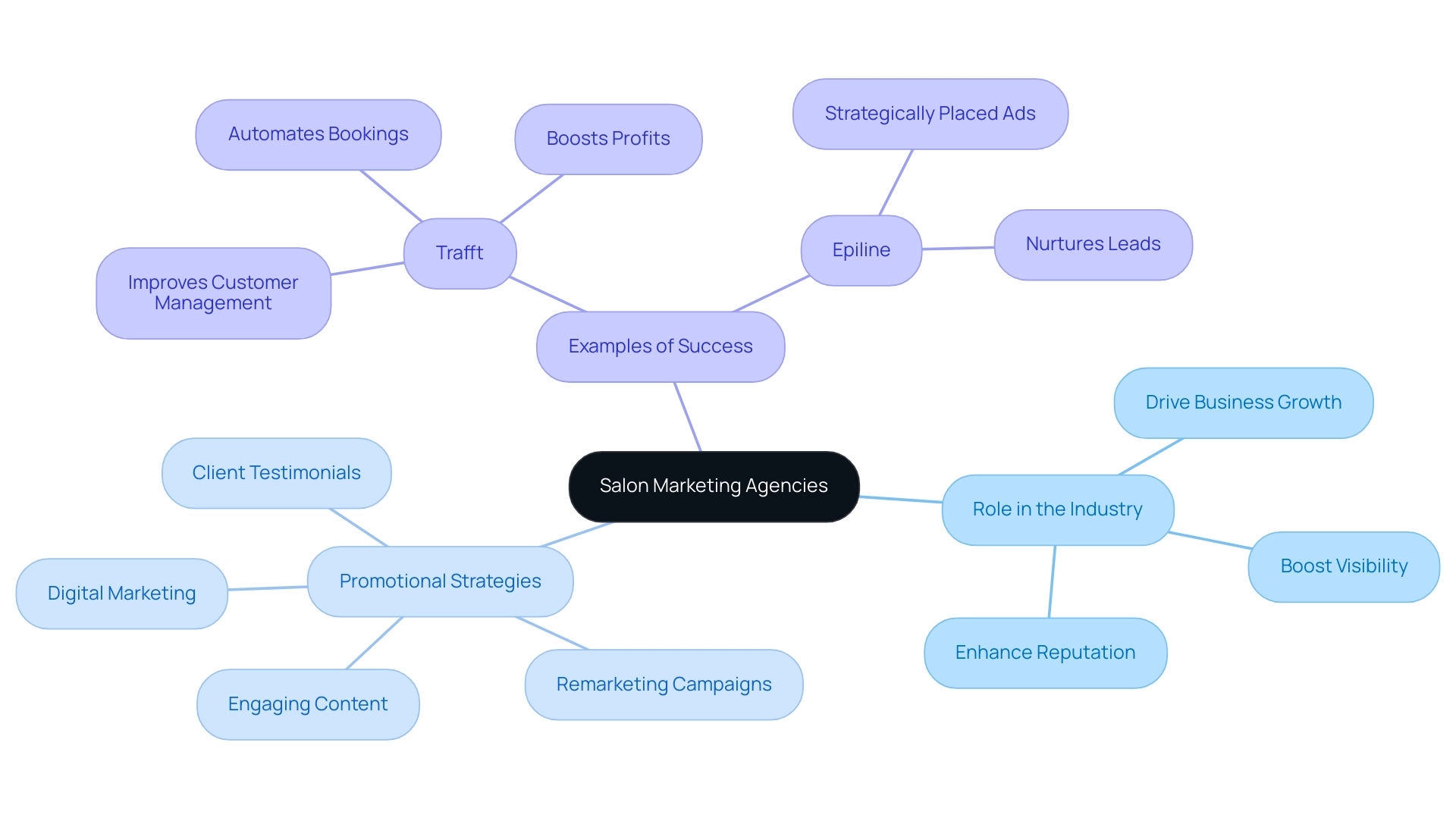 The central node represents salon marketing agencies, with branches detailing their roles, strategies, and success stories; colors differentiate main categories and subcategories.