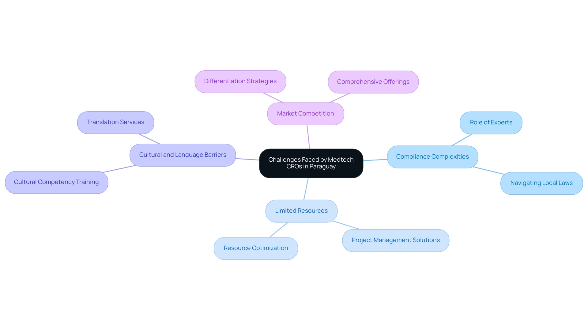 The central node represents the overall challenges, with branches indicating specific challenges and sub-branches detailing explanations or solutions.