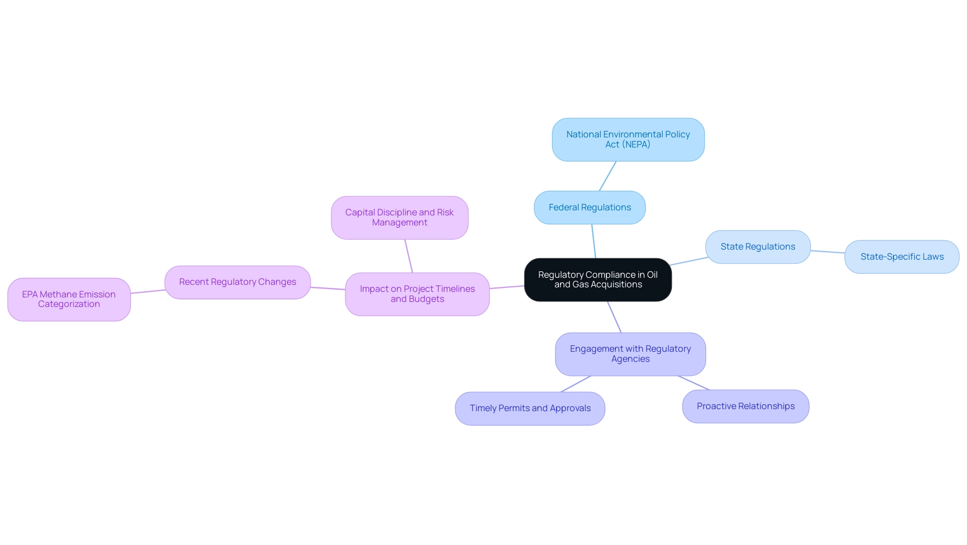 The central node represents the overarching theme, with branches indicating federal and state regulations, agency engagement, and project impacts.