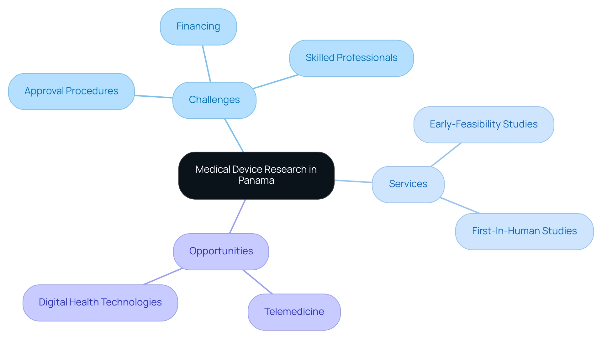 Central node represents the main theme; branches indicate challenges, services, and opportunities, with colors distinguishing each category.