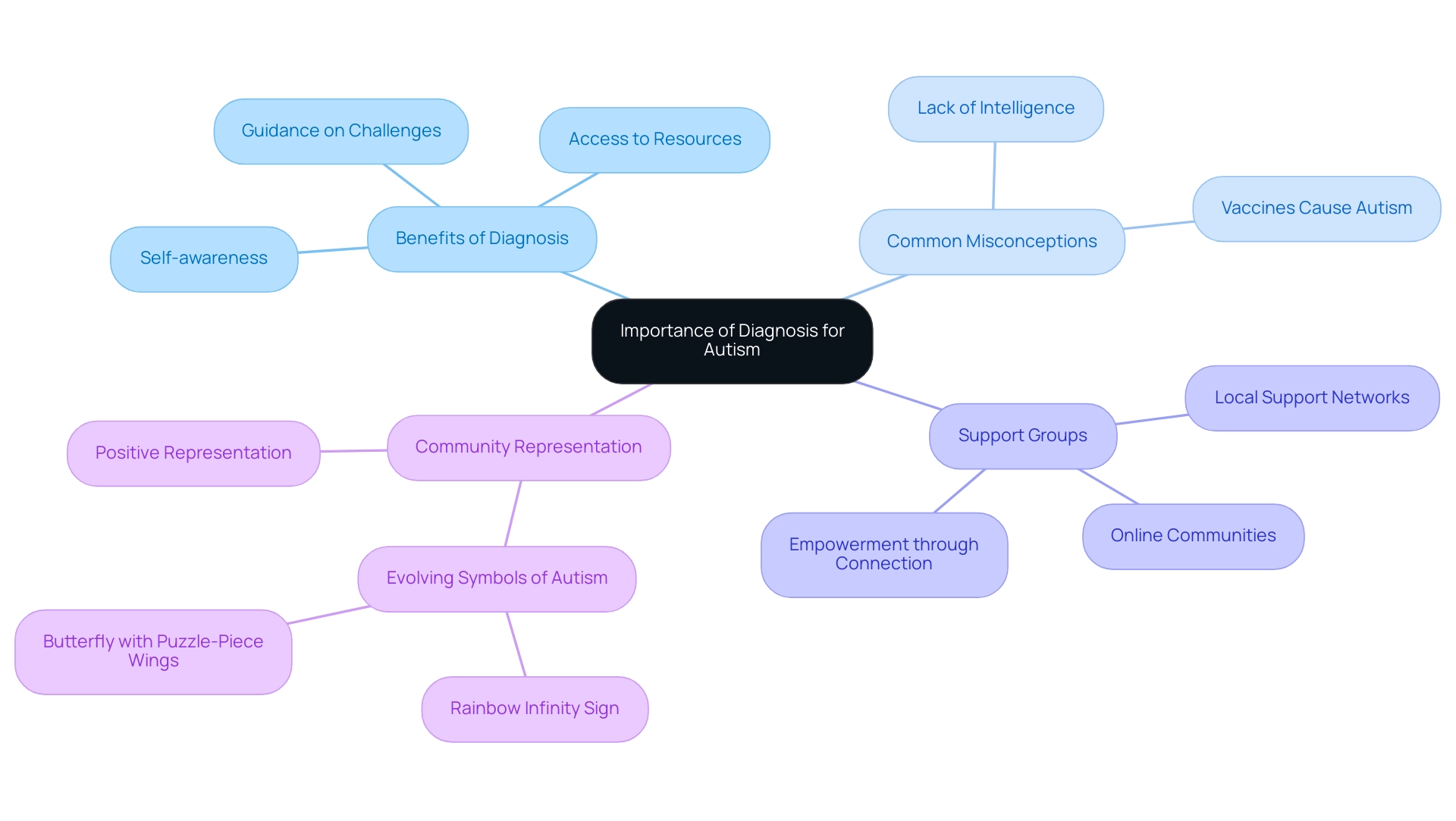 The central node represents the importance of diagnosis, with branches illustrating benefits, misconceptions, support, and community representation.