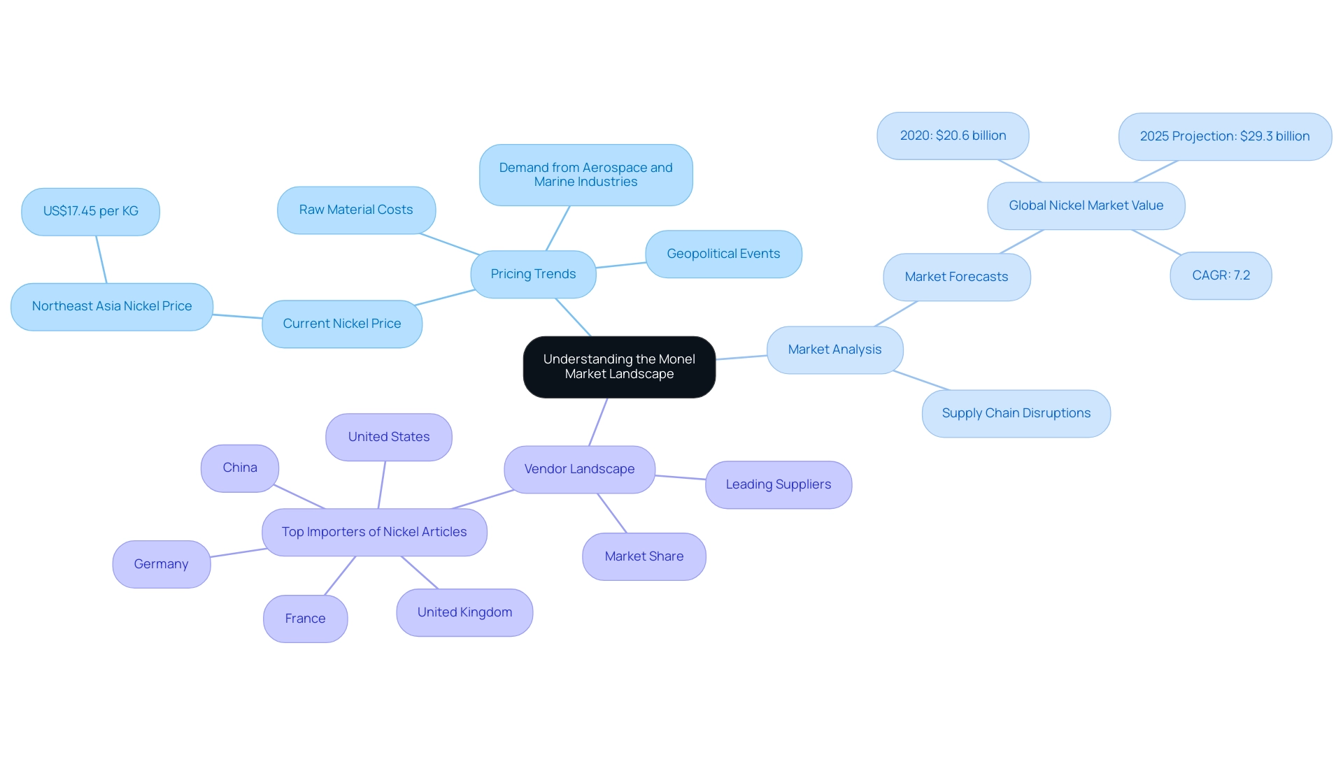 Each branch represents a key area of the Monel market, with sub-branches detailing specific considerations. Different colors represent different main topics.