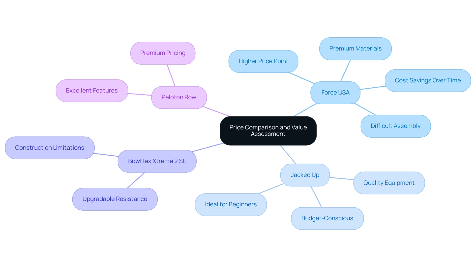 The central node represents the overall topic, with branches for each brand showing their pricing strategies, features, and consumer considerations.