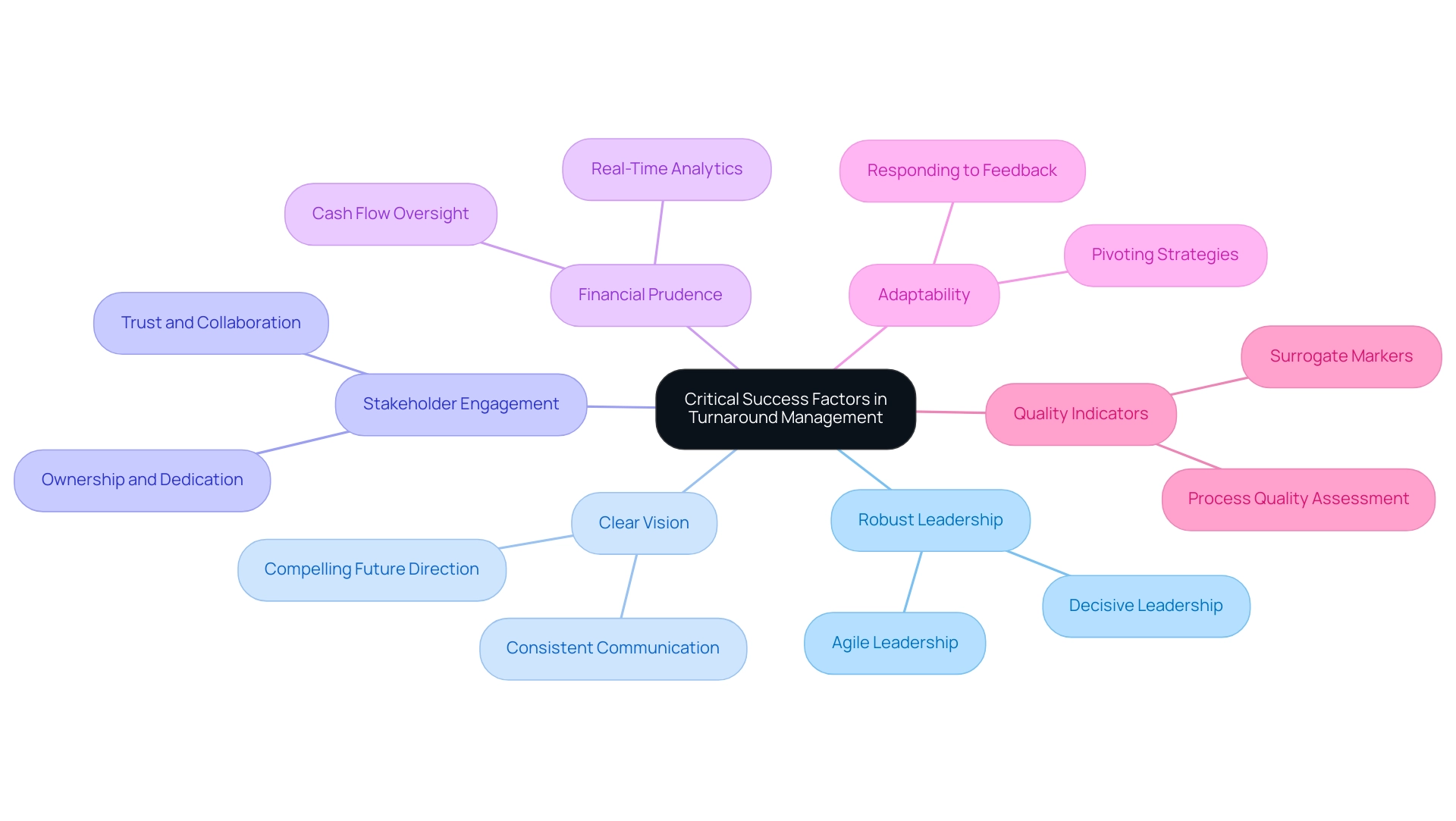 Each branch represents a critical success factor, with sub-branches providing additional details or examples related to that factor.