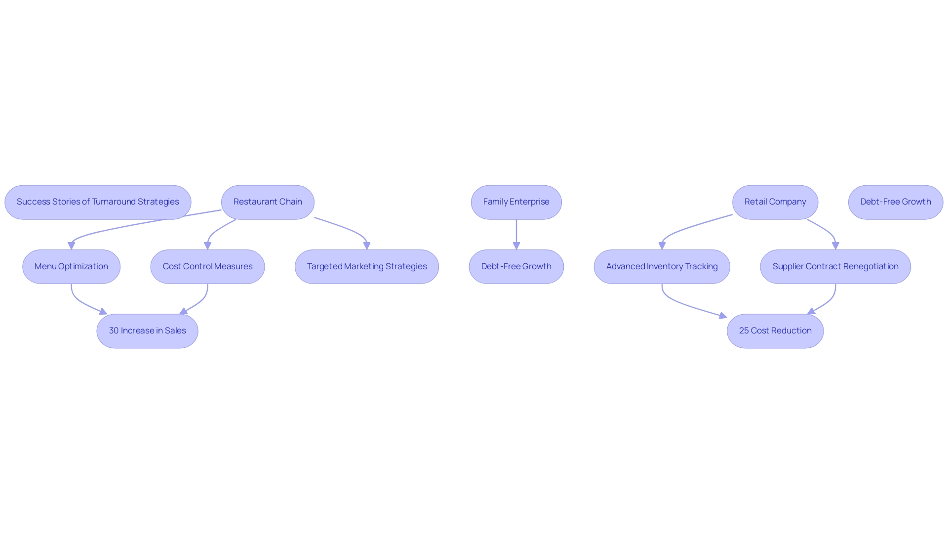 Each column represents a business case, with strategies and outcomes clearly indicated. Color coding differentiates between business types and strategies employed.