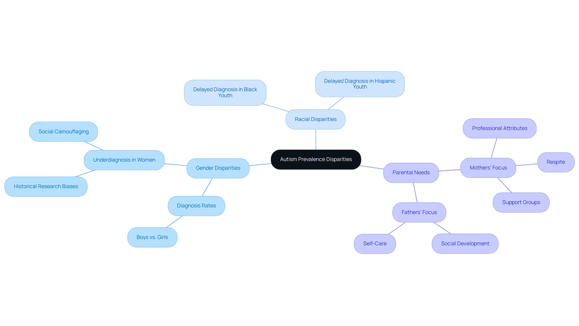 Each branch represents a major theme related to autism prevalence disparities, with sub-branches detailing specific issues and needs.