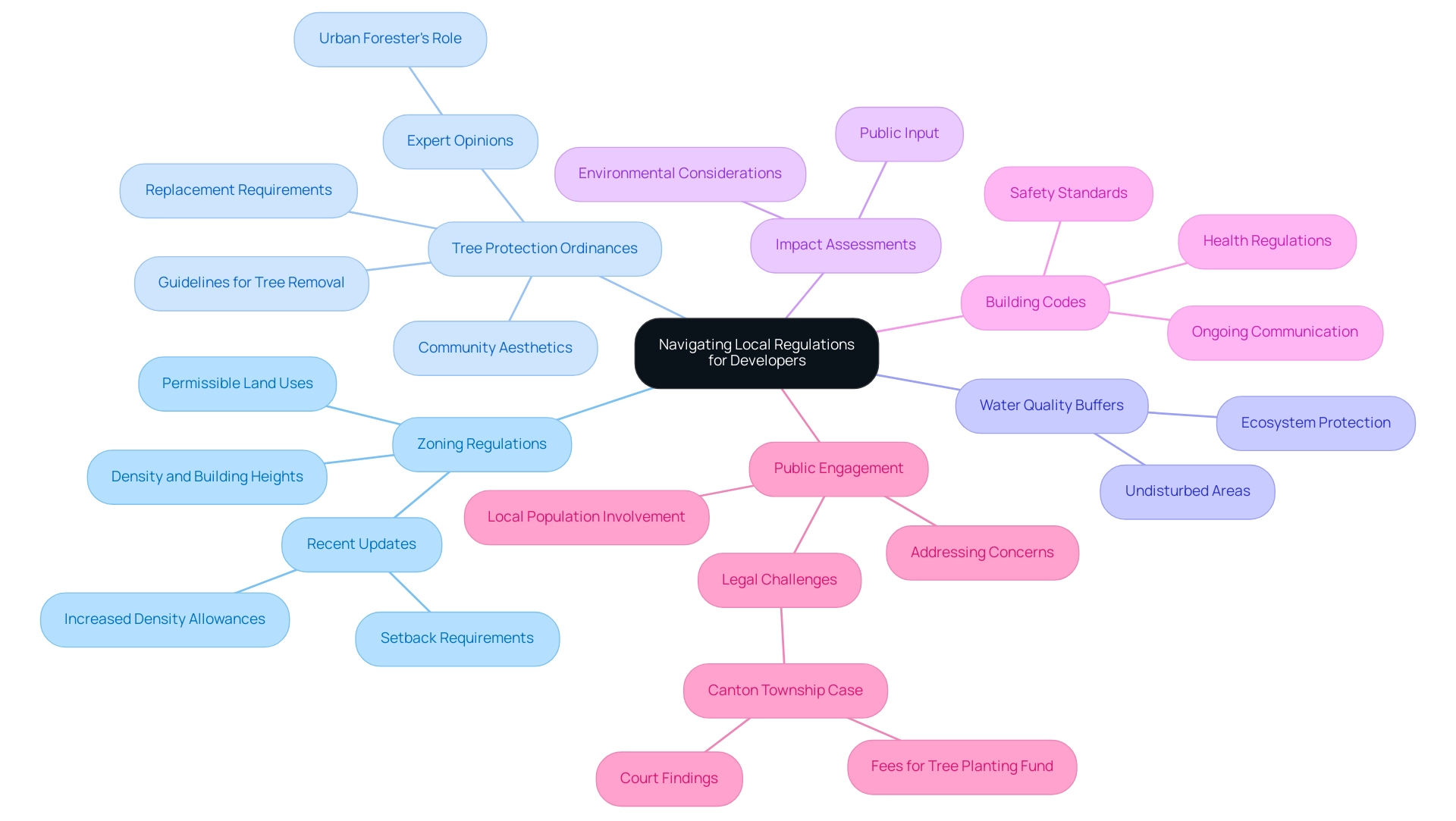 Each branch represents a key guideline for developers, with sub-branches detailing critical points and regulations associated with that guideline.