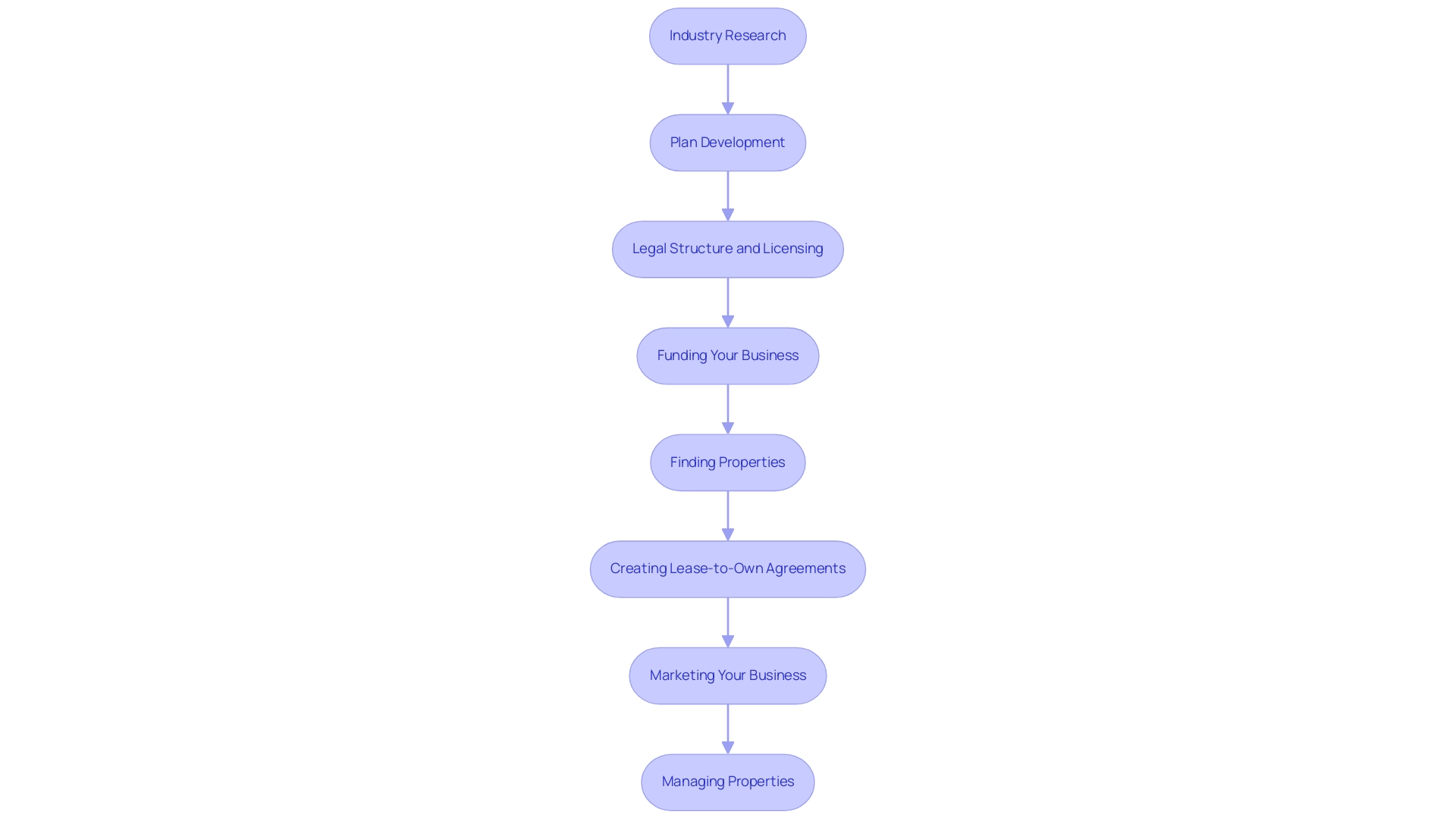 Each box represents a crucial step in the business launch process, with arrows indicating the sequential flow from one step to the next.