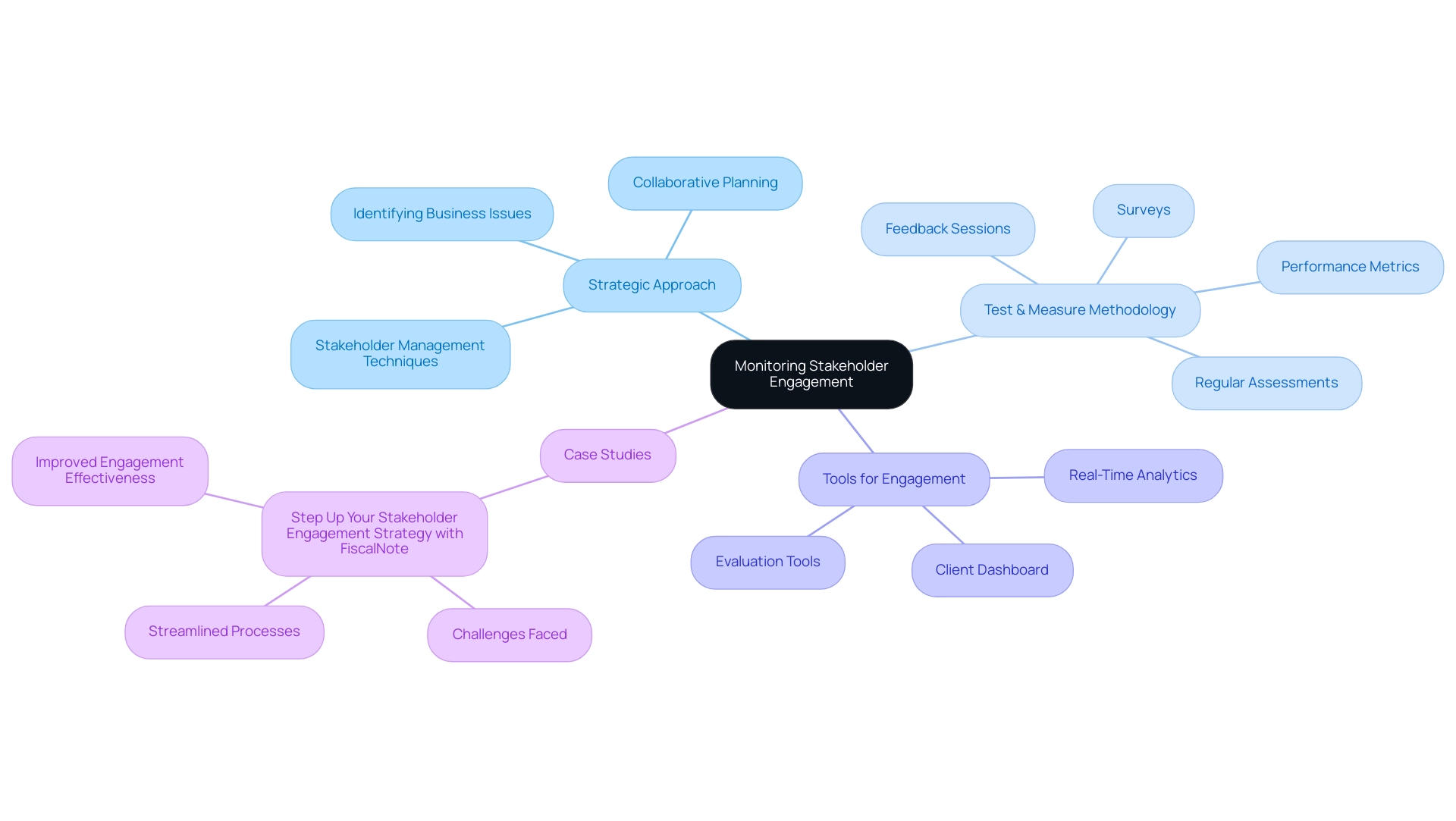 The central node represents stakeholder engagement, with branches showing strategic approaches, measurement methodologies, tools, and case studies.