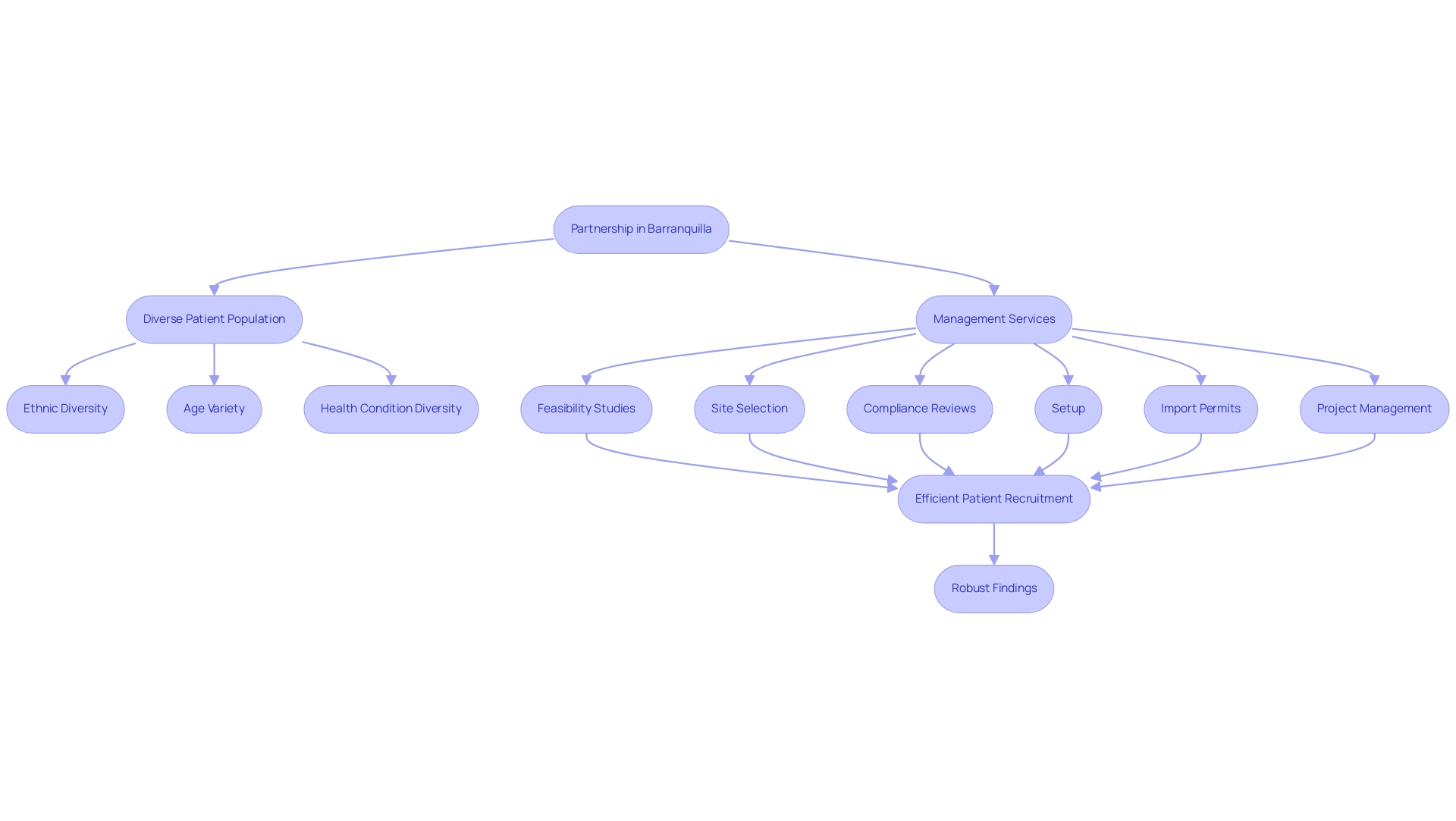 The flowchart illustrates the partnership's role and the diverse patient population's contribution to research, along with the management services that facilitate these efforts.