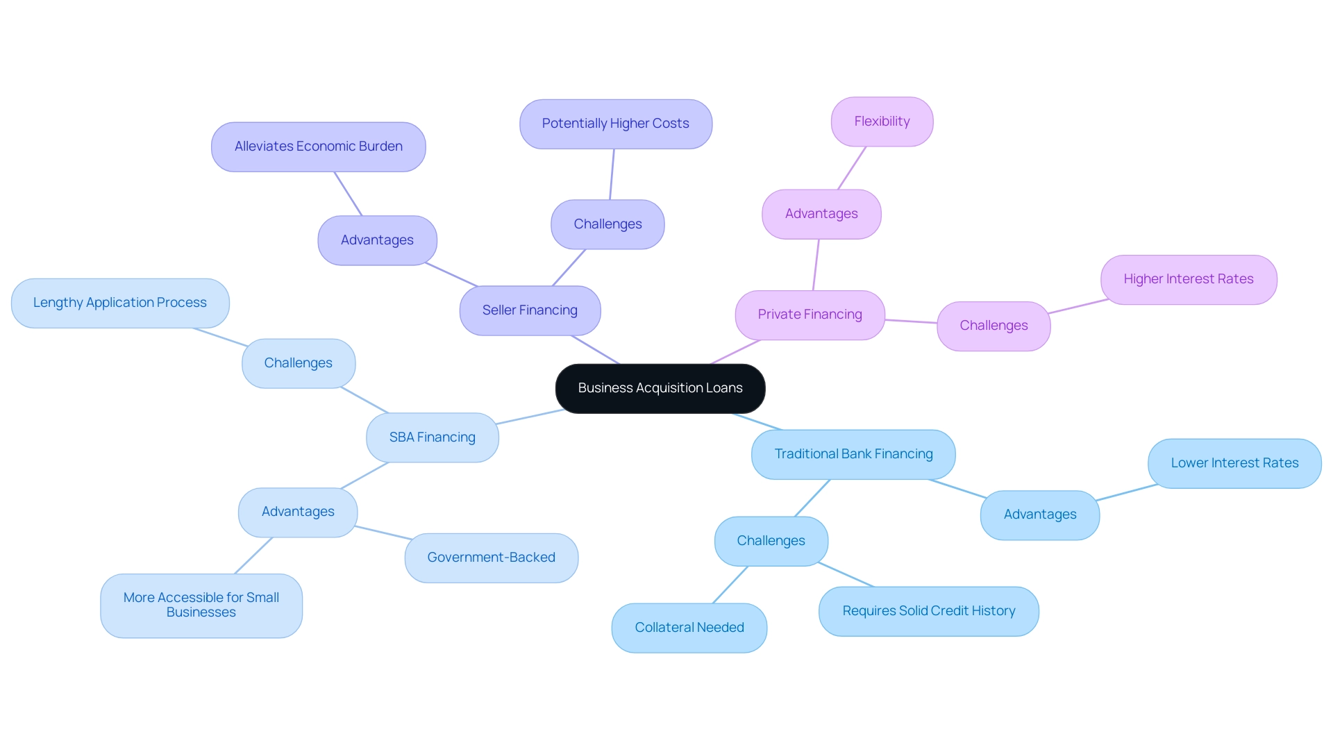 Each branch represents a type of loan, with sub-branches detailing advantages and challenges associated with each option.