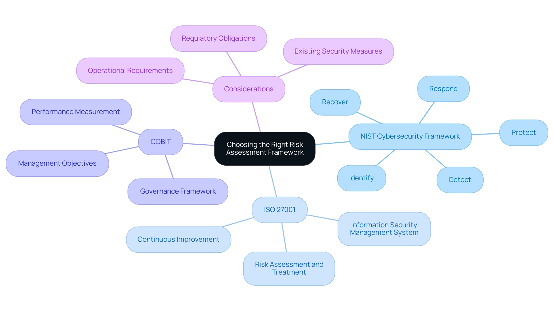 The central node represents the main focus, with branches indicating different frameworks and considerations for risk assessment.